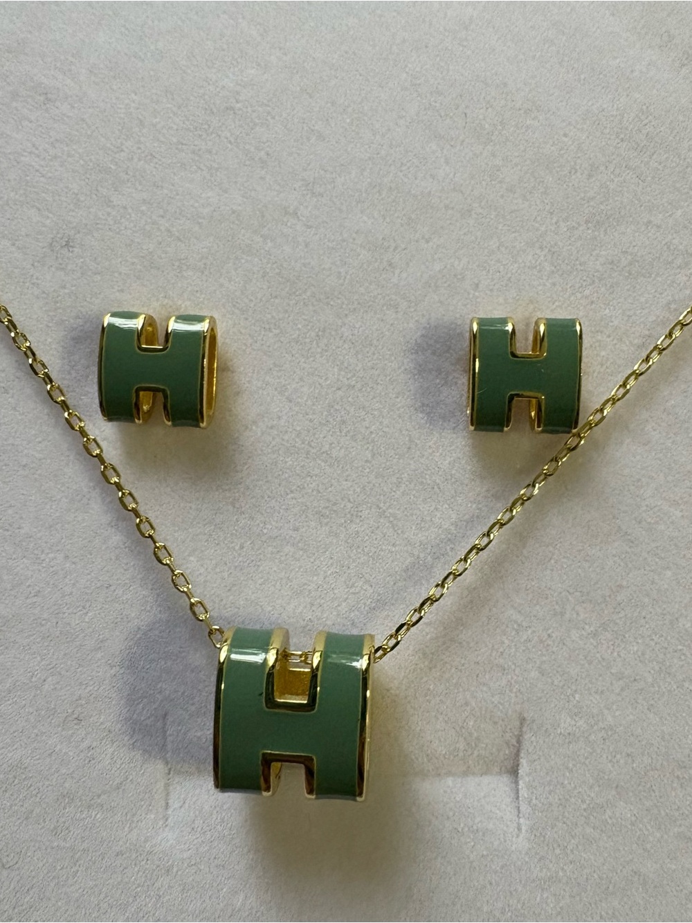 Gold Blue H-Shape Pendant & Stud Earrings Set
